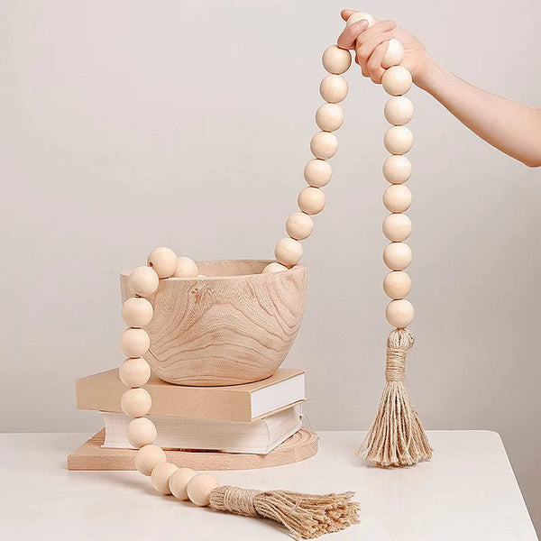 Gen-Z 4cm Big Wood Bead Garland with Tassel for Rustic Decor
